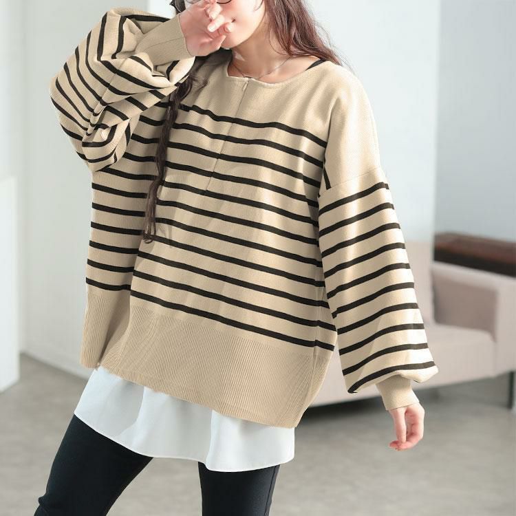 大きいサイズ レディース 2wayハーフZIPパネルボーダーニット　bro-0081 オフ×ブラック