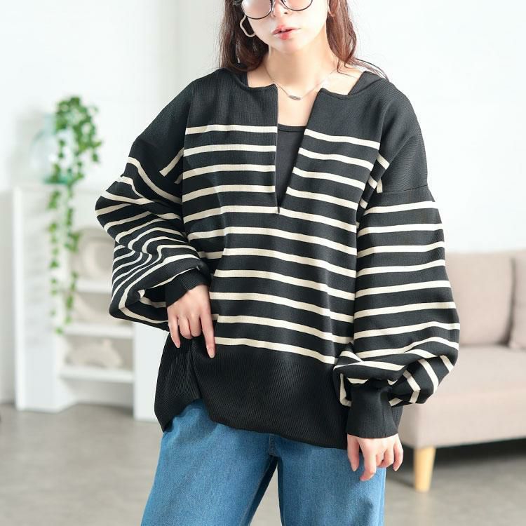 大きいサイズ レディース 2wayハーフZIPパネルボーダーニット　bro-0081 ブラック×オフ