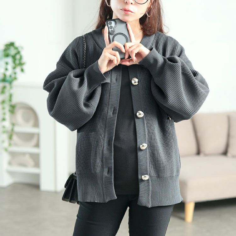 大きいサイズ レディース ビッグボタン畦編みニットカーディガン　bro-0080