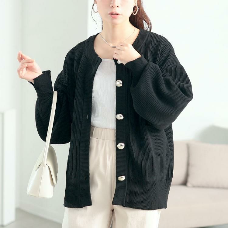大きいサイズ レディース ビッグボタン畦編みニットカーディガン　bro-0080 ブラック