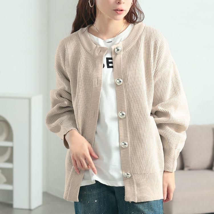 大きいサイズ レディース ビッグボタン畦編みニットカーディガン　bro-0080 アイボリー