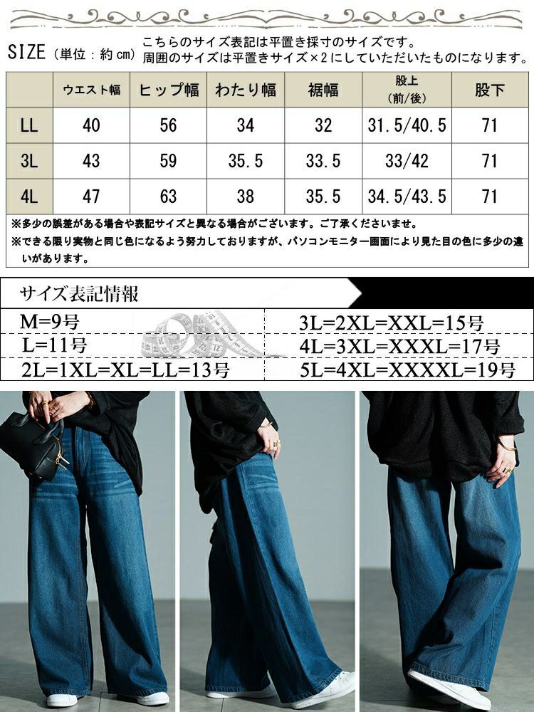 大きいサイズ レディース ヴィンテージ加工コットンデニムワイドパンツ　wd-0426