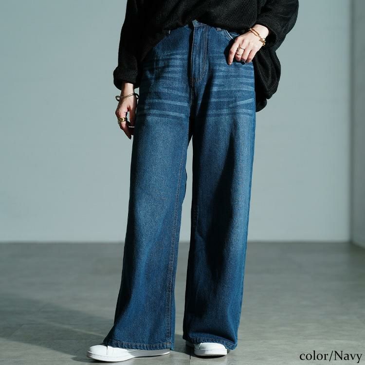 大きいサイズ レディース ヴィンテージ加工コットンデニムワイドパンツ　wd-0426 ネイビー