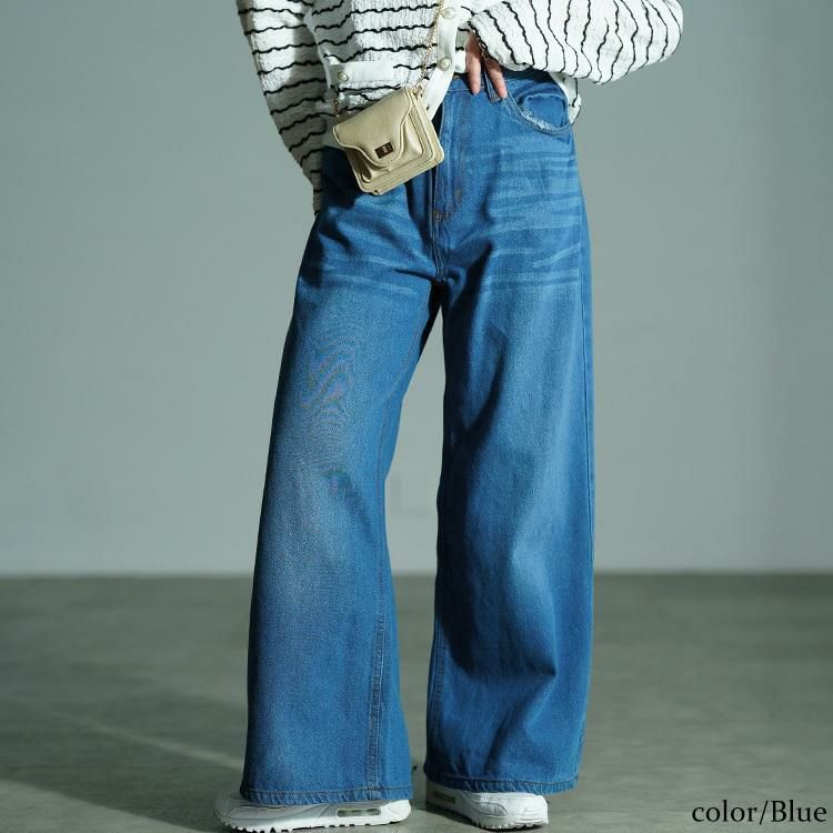大きいサイズ レディース ヴィンテージ加工コットンデニムワイドパンツ　wd-0426 ブルー