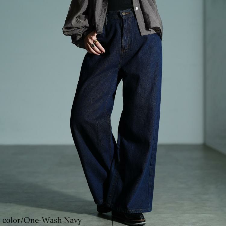 大きいサイズ レディース ヴィンテージ加工コットンデニムワイドパンツ　wd-0426 ワンウォッシュネイビー