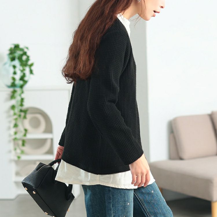 大きいサイズ レディース フリル襟フェイクレイヤードワッフルプルオーバー　cast-5558002