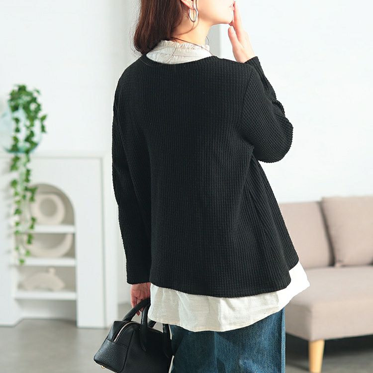 大きいサイズ レディース フリル襟フェイクレイヤードワッフルプルオーバー　cast-5558002