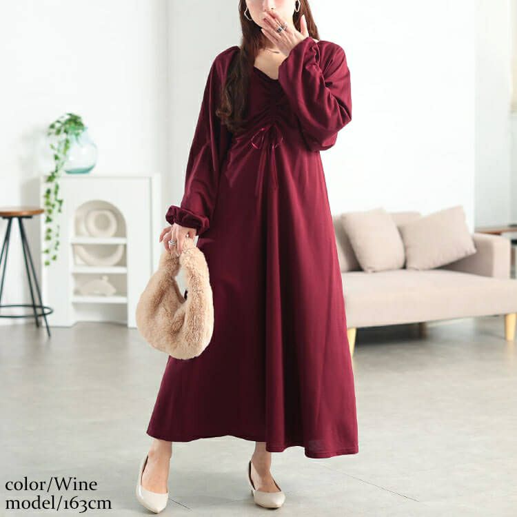 大きいサイズ レディース 胸元リボンドロストワンピース　fem-615