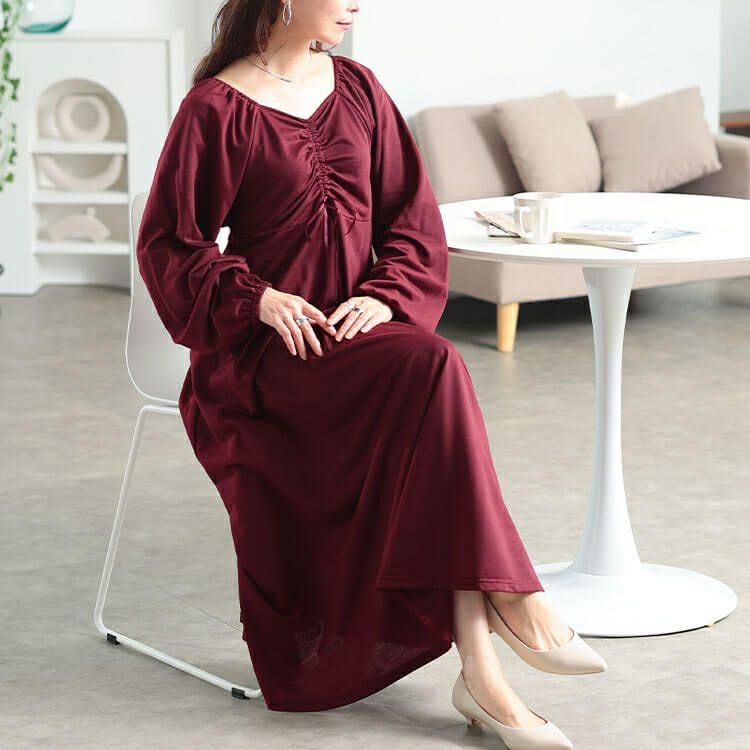 大きいサイズ レディース 胸元リボンドロストワンピース　fem-615