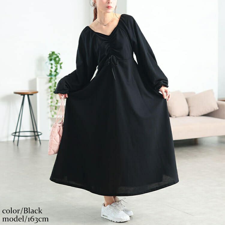 大きいサイズ レディース 胸元リボンドロストワンピース　fem-615