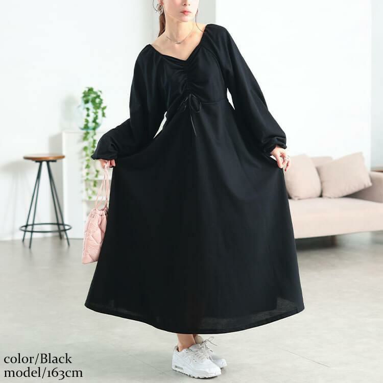 大きいサイズ レディース 胸元リボンドロストワンピース　fem-615 ブラック