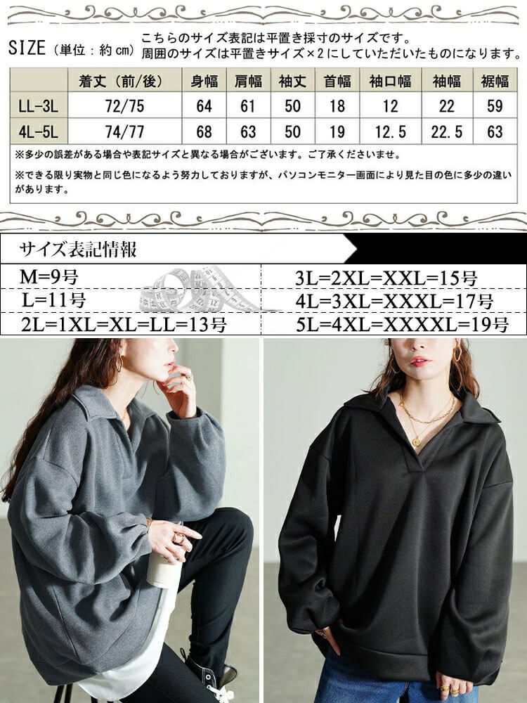 大きいサイズ レディース 裏起毛スキッパーカラープルオーバー　fem-614