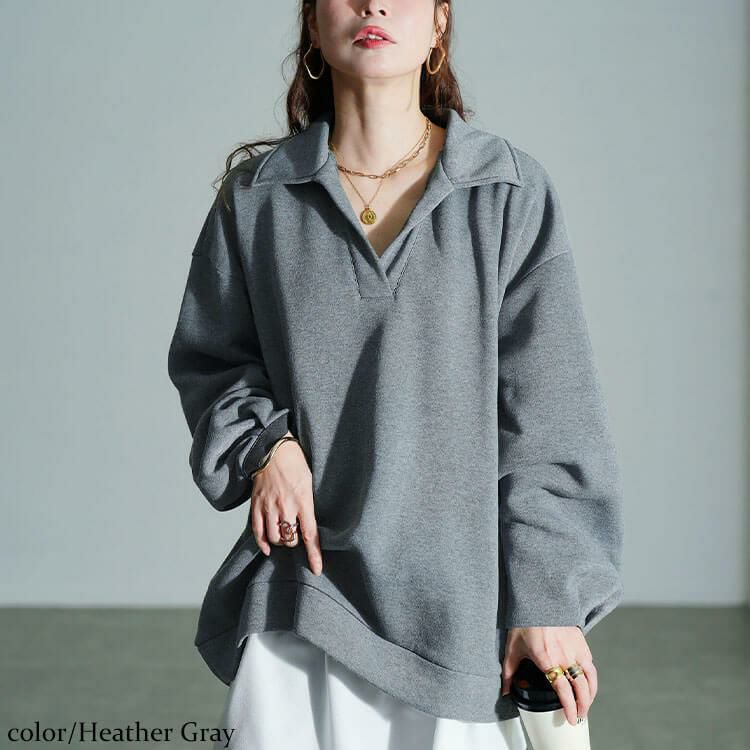 大きいサイズ レディース 裏起毛スキッパーカラープルオーバー　fem-614 杢グレー