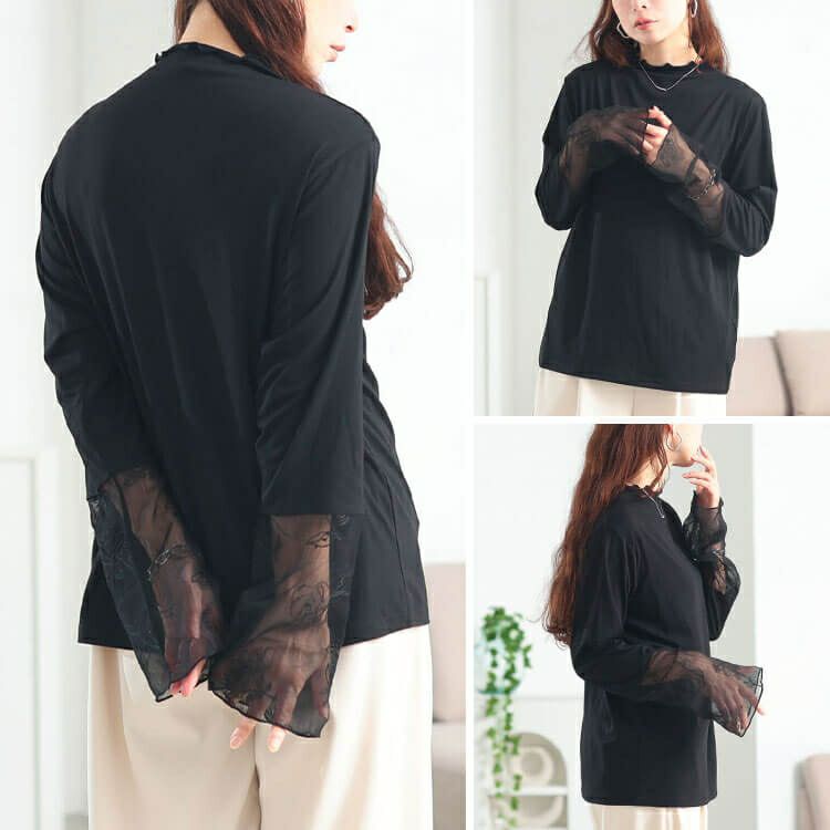 大きいサイズ レディース 花刺繍シアーフレアスリーブ切り替えメロートップス　fem-613 【メール便可】