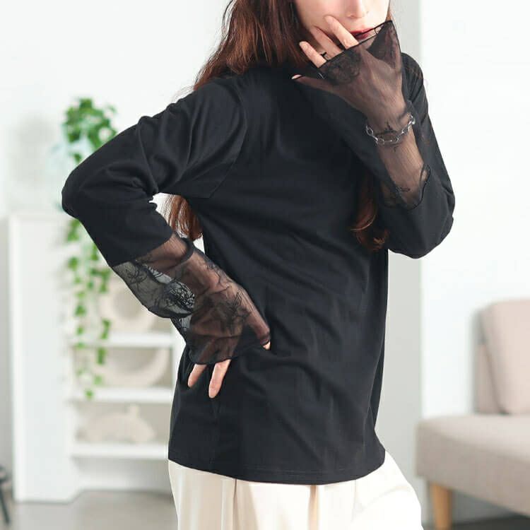 大きいサイズ レディース 花刺繍シアーフレアスリーブ切り替えメロートップス　fem-613 【メール便可】