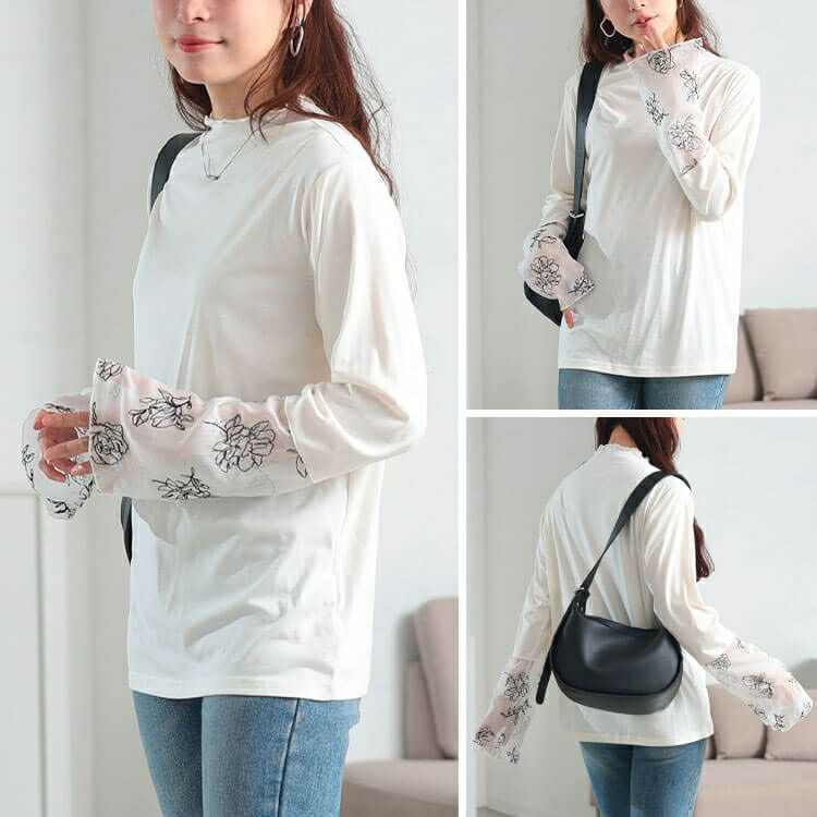 大きいサイズ レディース 花刺繍シアーフレアスリーブ切り替えメロートップス　fem-613 【メール便可】