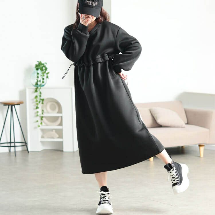 大きいサイズ レディース 裏起毛ウエストドロスト切り替えワンピース　fem-618