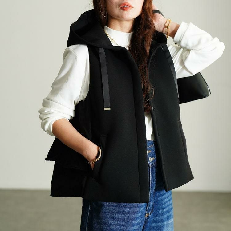 大きいサイズ レディース 異素材フード付き中綿ベスト mnfk-552808