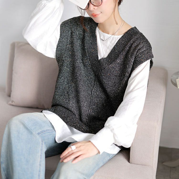 大きいサイズ レディース クロップドスパンコールニットベスト　cpdai-640959