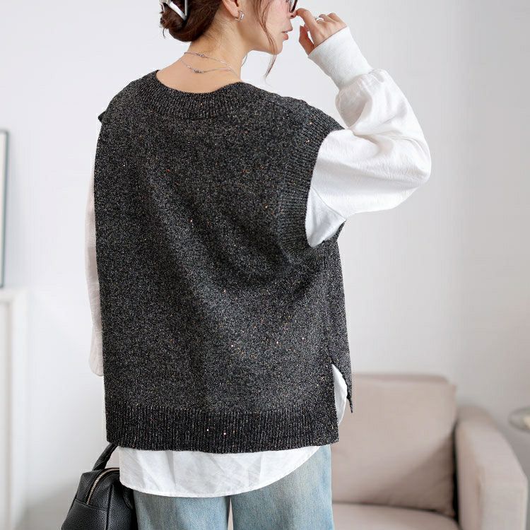 大きいサイズ レディース クロップドスパンコールニットベスト　cpdai-640959