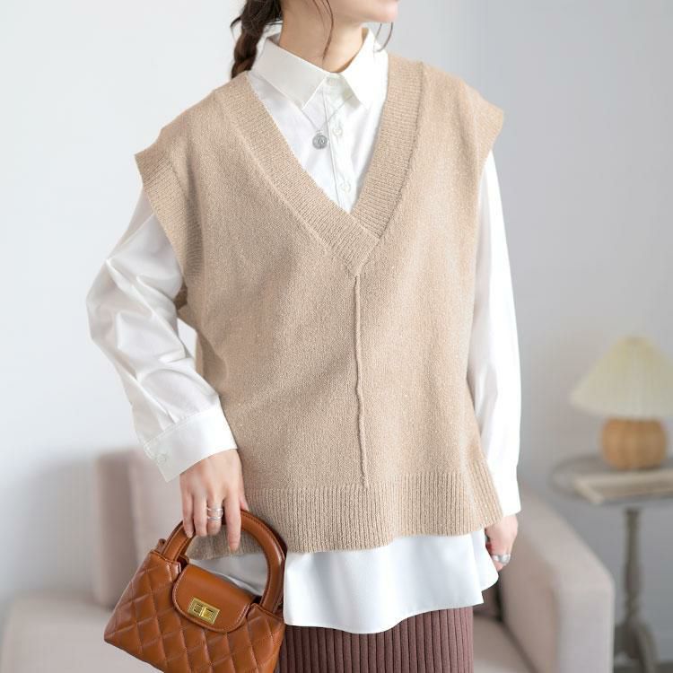 大きいサイズ レディース クロップドスパンコールニットベスト　cpdai-640959 ベージュ