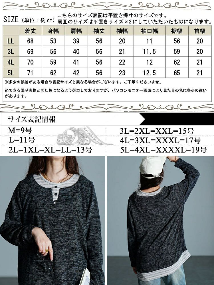 大きいサイズ レディース ボーダー重ね着風プルオーバー　cpdai-647284 【メール便可】