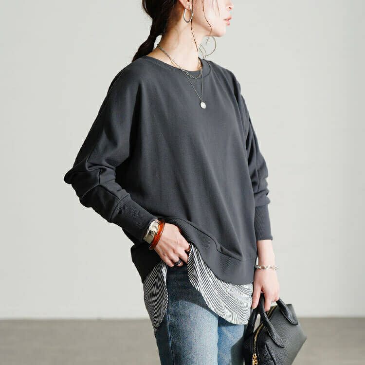 大きいサイズ レディース 吸湿速乾重ね着風ドルマンプルオーバー　cpdai-647278