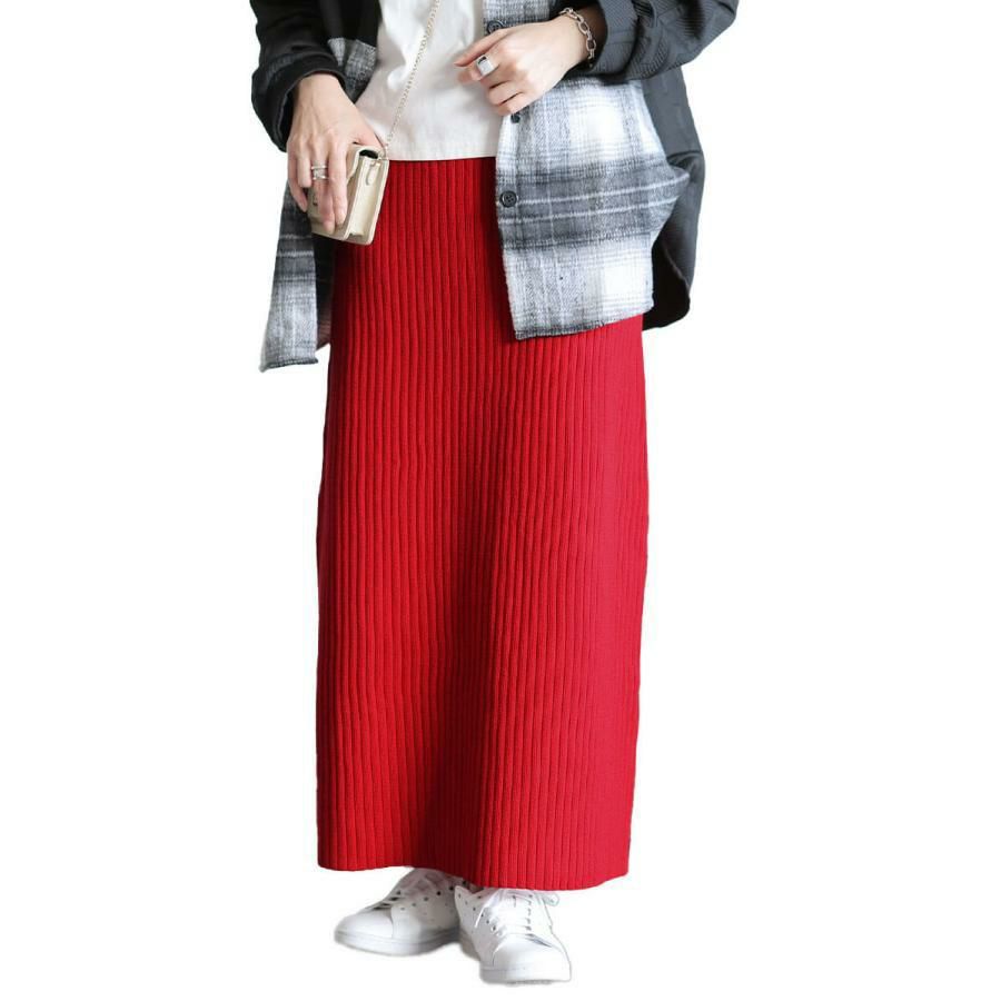 大きいサイズ レディース 太リブニットナロースカート　cpdai-640963 レッド