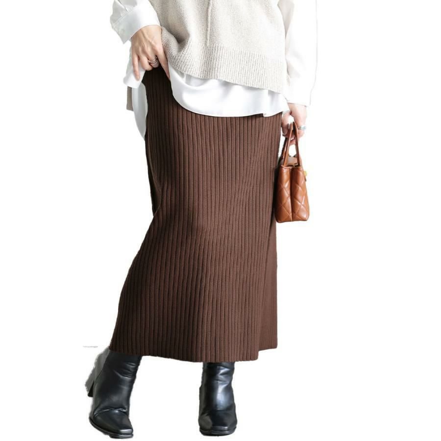 大きいサイズ レディース 太リブニットナロースカート　cpdai-640963 ブラウン