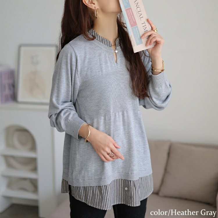 大きいサイズ レディース ストライプシャツドッキングニット　cpdai-640919