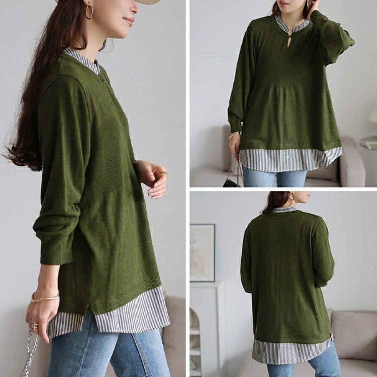 大きいサイズ レディース ストライプシャツドッキングニット　cpdai-640919