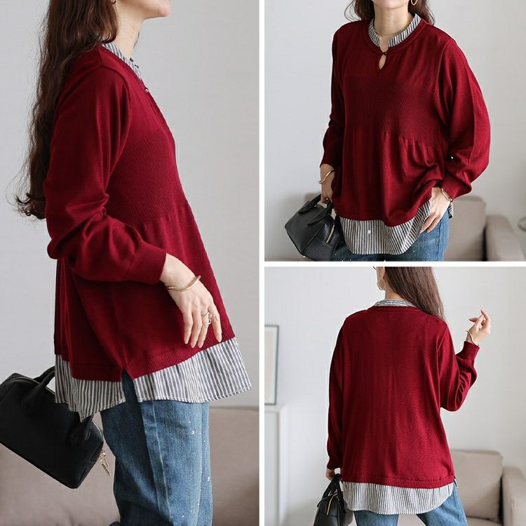 大きいサイズ レディース ストライプシャツドッキングニット　cpdai-640919