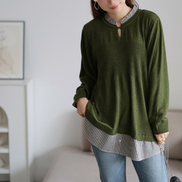 大きいサイズ レディース ストライプシャツドッキングニット　cpdai-640919 カーキ