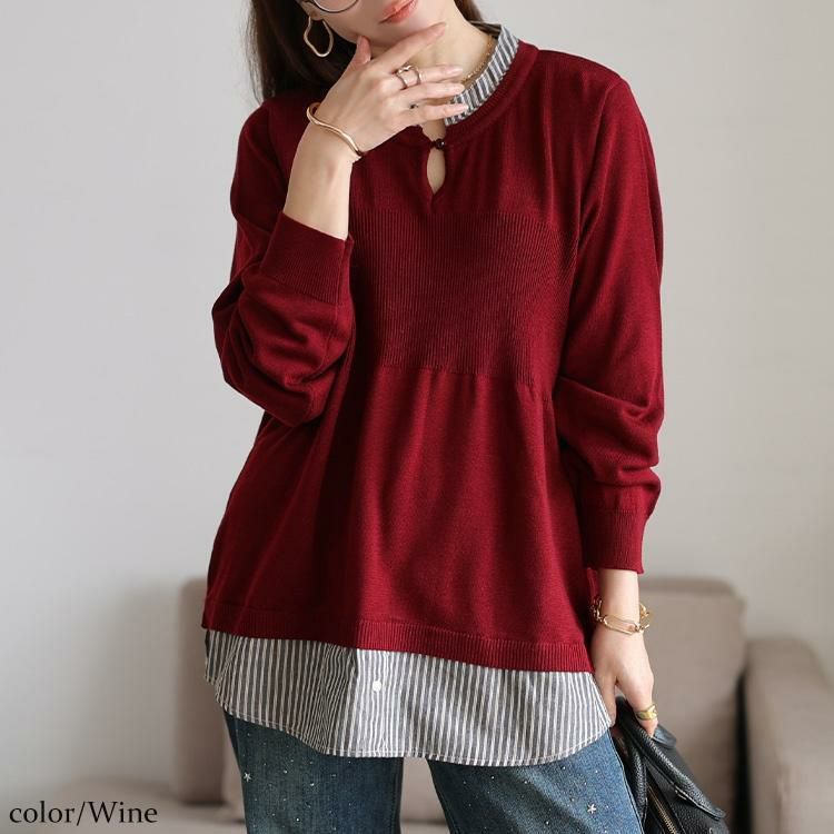 大きいサイズ レディース ストライプシャツドッキングニット　cpdai-640919 ワイン