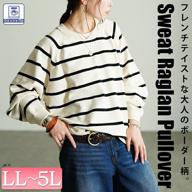 大きいサイズ レディース 洗えるワイドボーダーラグランニット　cpdai-640912