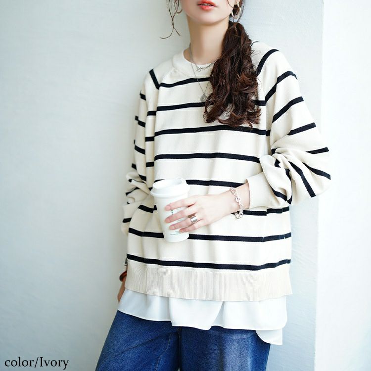 大きいサイズ レディース 洗えるワイドボーダーラグランニット　cpdai-640912