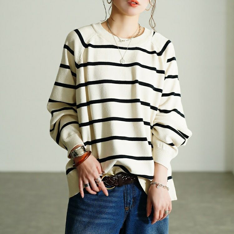 大きいサイズ レディース 洗えるワイドボーダーラグランニット　cpdai-640912