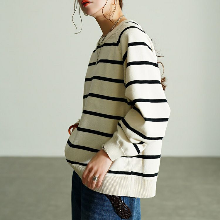 大きいサイズ レディース 洗えるワイドボーダーラグランニット　cpdai-640912