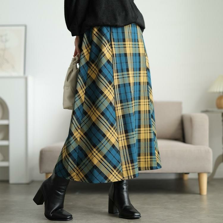 大きいサイズ レディース チェック柄メルティストレッチ微起毛フレアスカート　cpdai-640906 イエロー