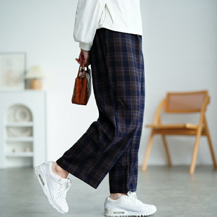 大きいサイズ レディース チェック柄メルティストレッチ微起毛ワイドパンツ　cpdai-640905