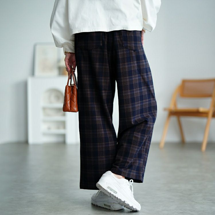 大きいサイズ レディース チェック柄メルティストレッチ微起毛ワイドパンツ　cpdai-640905