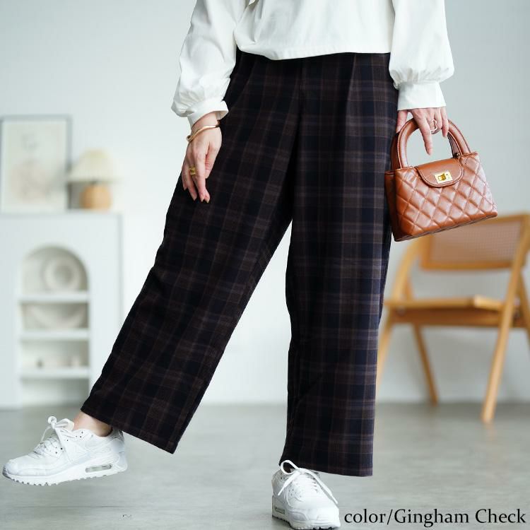 大きいサイズ レディース チェック柄メルティストレッチ微起毛ワイドパンツ　cpdai-640905 ギンガムチェック