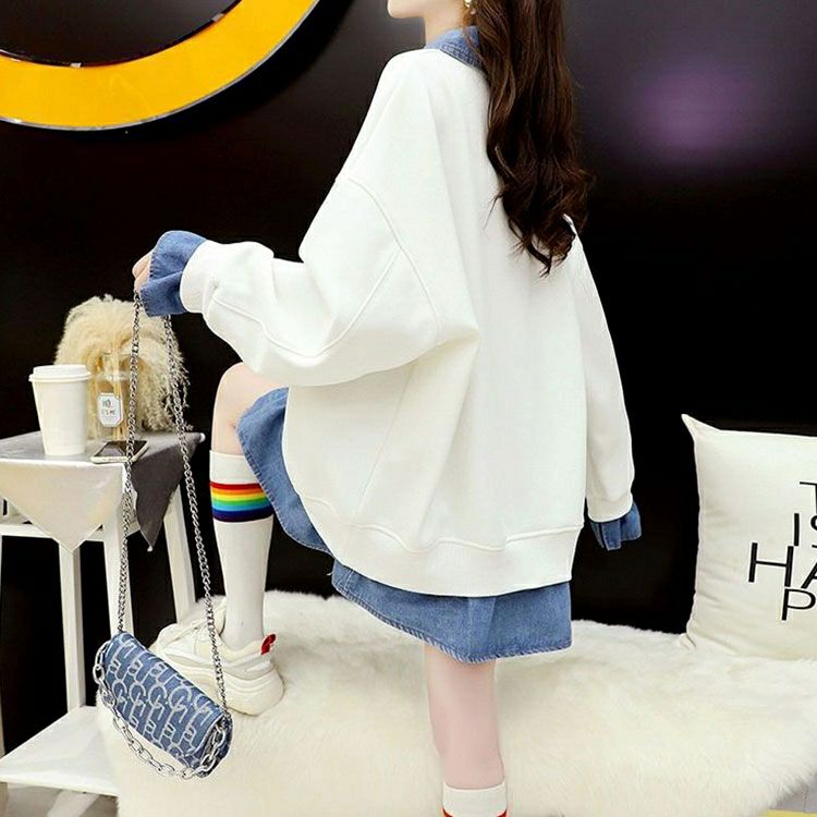 大きいサイズ レディース デニムレイヤード風英字ロゴスウェット　goldy-1766