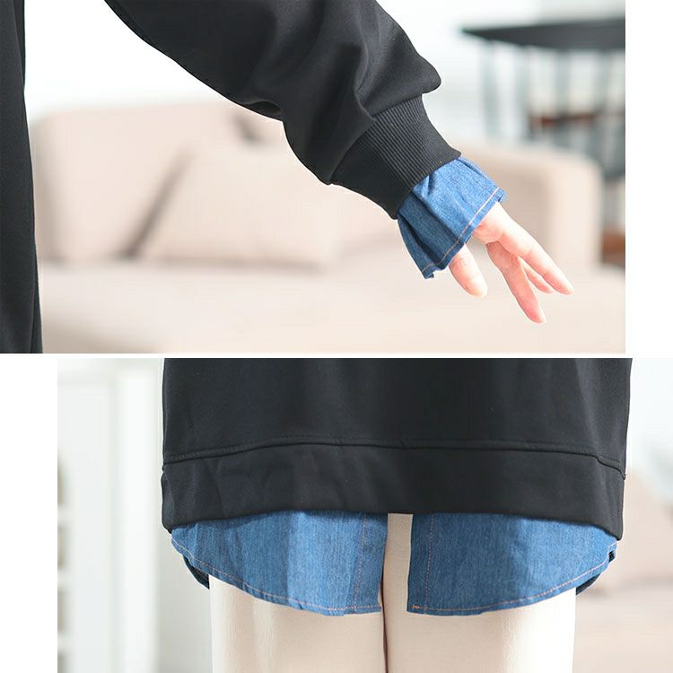 大きいサイズ レディース デニムレイヤード風ビッグスウェット　goldy-1771