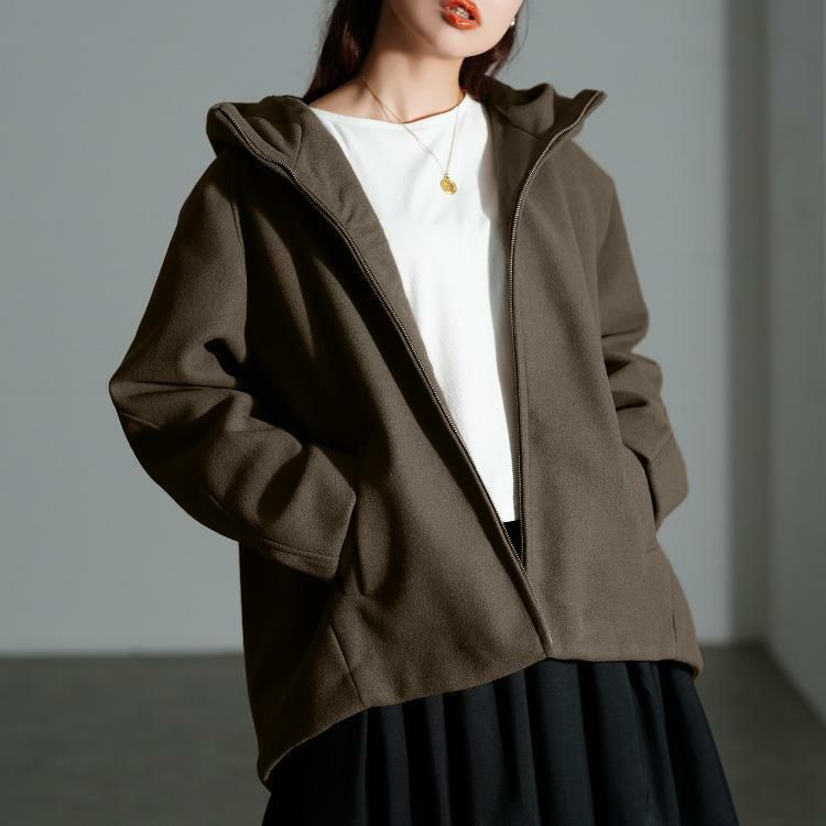 大きいサイズ レディース ハイネックフードZIPジャケット　mnfk-858703 モカ