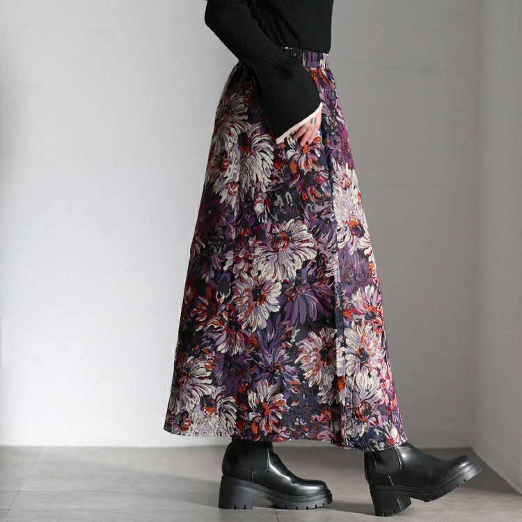 大きいサイズ レディース 花柄ゴブランフレアスカート　sum-0034