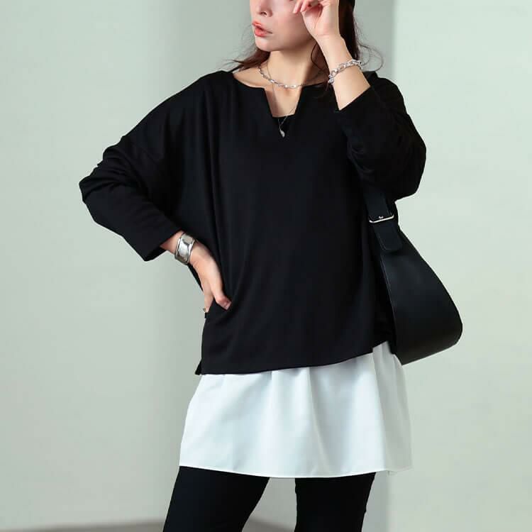 大きいサイズ レディース 深キーネックワイドプルオーバー　sum-0031 ブラック