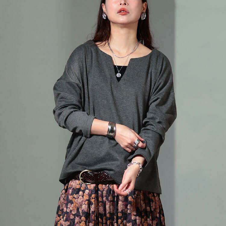 大きいサイズ レディース 深キーネックワイドプルオーバー　sum-0031 チャコール