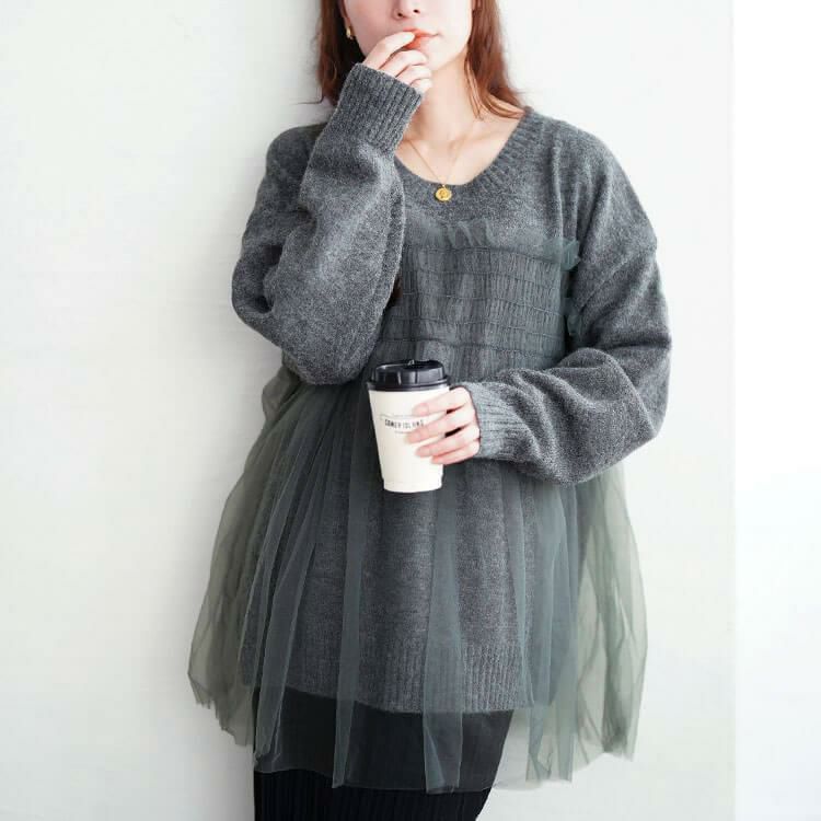 大きいサイズ レディース チュールビスチェドッキングニット　maru-20022 チャコール