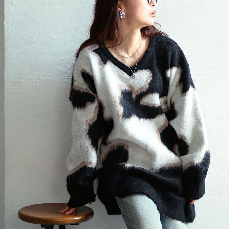 大きいサイズ レディース マーブル柄Vネックモヘアニットチュニック
